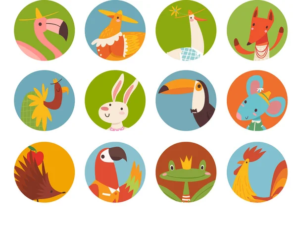 Conjunto Vectorial Lindos Animales Dibujos Animados Círculo Paquete Animales Dibujos — Vector de stock