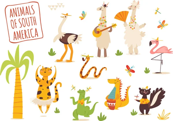 Vektor Set Von Lustigen Karikaturen Handgezeichneten Tieren Aus Südamerika Ideal — Stockvektor