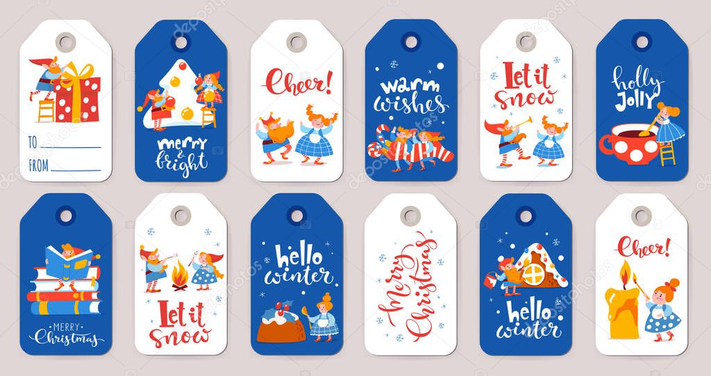 Set of six Christmas sale blue and white labels with cute elfs with lettering. Vector Merry Christmas winter labels or card with cute elfs celebrating holidays. Vector tags with cartoon elfs