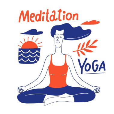 Yogacı kadın ve harflerle sağlıklı yaşam tarzı karalama kartı tasarımı. Meditasyon kartı. Motivasyon amaçlı yaşam tarzı kartı ya da poster için iyidir.