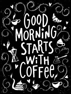 Coffee lettering poster with Good morning starts with coffee text clipart