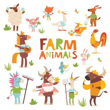 Vektör karikatür çiftlik hayvanları düz stil komik karakterler