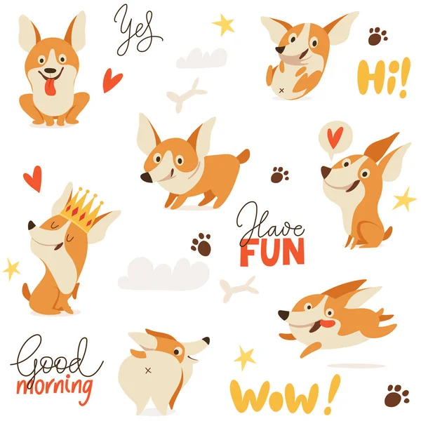 Fondo Sin Costuras Con Lindas Imágenes Perro Corgi Galés Para — Vector de stock