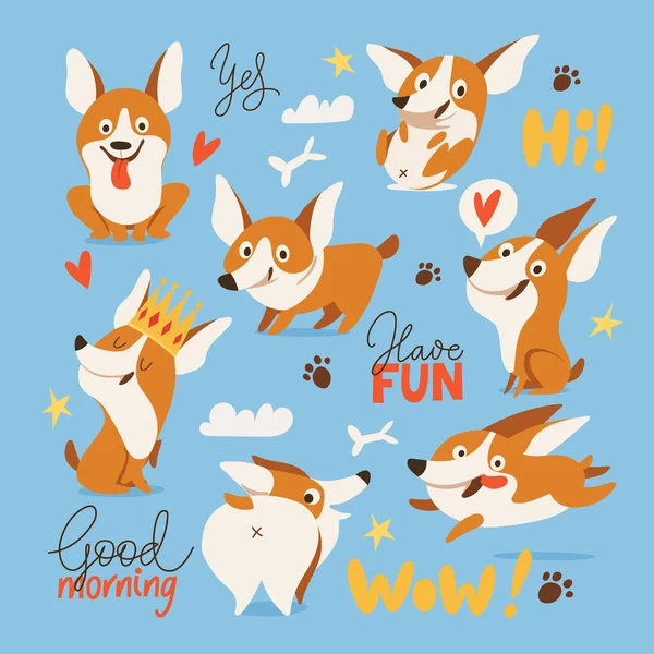 Walesiska Corgi Olika Karaktärer Som Gör Olika Aktiviteter Stockillustration