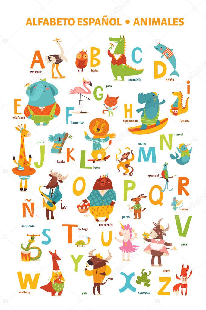 Spanish language alphabet poster with cartoon animals 
