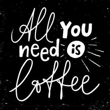 Vektör posteri, kart, hat tasarımı. Tek ihtiyacın olan kahve harfleri. Kahve alıntıları. El yapımı tasarım. Tahta tasarımı. Mürekkep tahtası posteri.