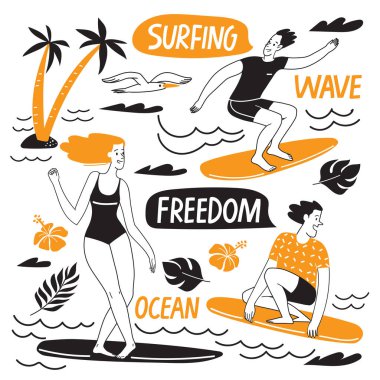 Sörf yaşam tarzı yaz bilgisi karalama stili tasarım vektörü karalama ile ayarlandı. Motivasyon için iyi. Yaşam tarzı kartı ya da poster.