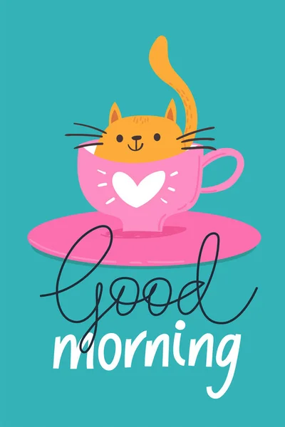 Cartel Vectorial Con Gato Lindo Una Taza Café Buenas Citas — Vector de stock