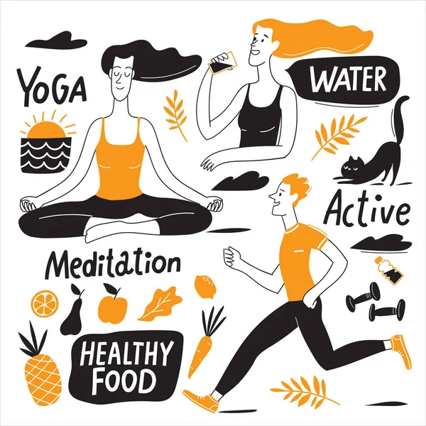 Friska Livsstil Klotter Infographic Design Vektor Set Med Yoga Löpare Stockillustration