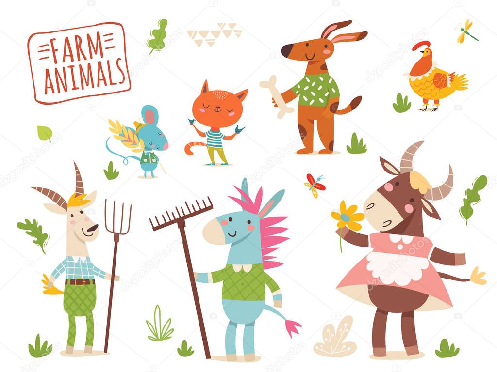 Set of funny hand drawn farm animals. Great for your design ideas, cards, posters and kids room decoration. 