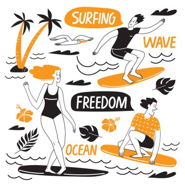 İnsanlarla sörf motivasyon vektör tasarımı, ögeler ve harfler