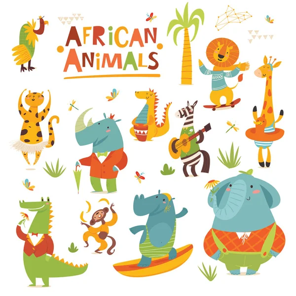 Afrika Nın Vahşi Hayvanları Çizgi Filmi Düz Stil Komik Karakterler Telifsiz Stok Illüstrasyonlar