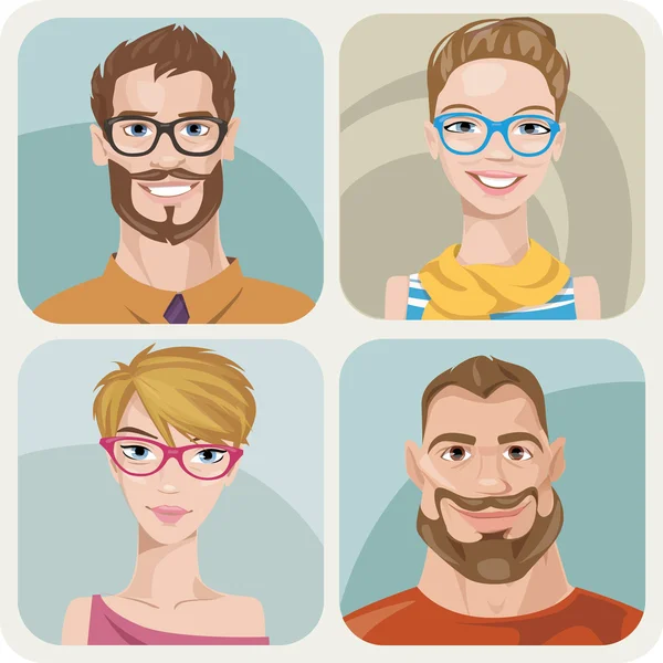 Ensemble de quatre portraits de hipsters — Image vectorielle