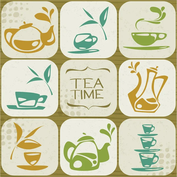 Colección de iconos de té reunidos en el fondo . — Vector de stock