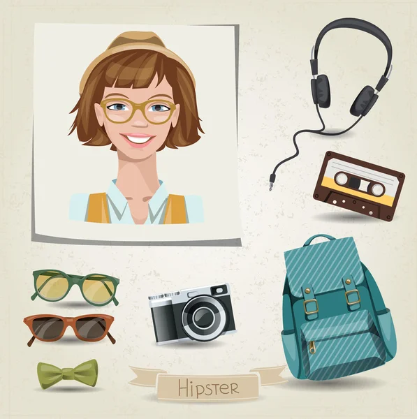 Hipster fille avec ses accessoires — Image vectorielle