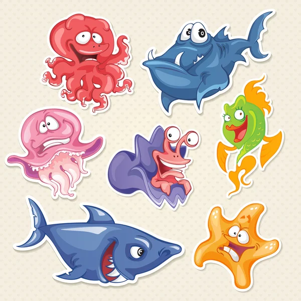 Animals and fishes cartoon characters — Stock Vector