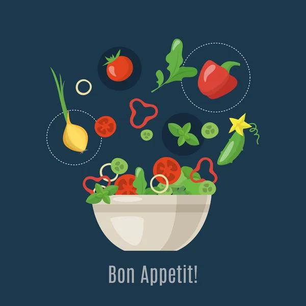 Ingrédients pour salade sur fond bleu — Image vectorielle