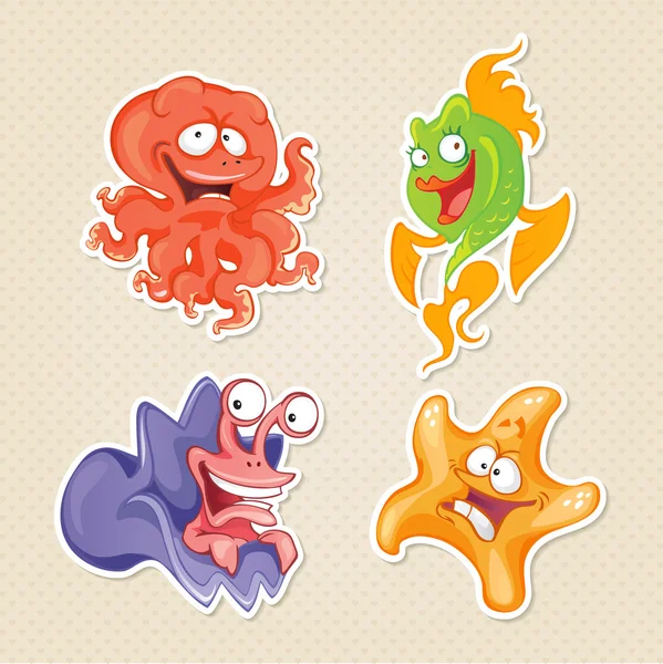 Animales y peces personajes de dibujos animados — Vector de stock
