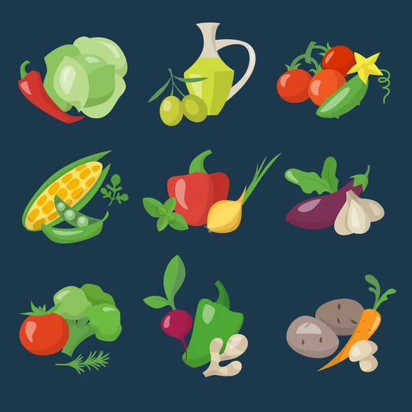 Iconos planos de verduras — Vector de stock