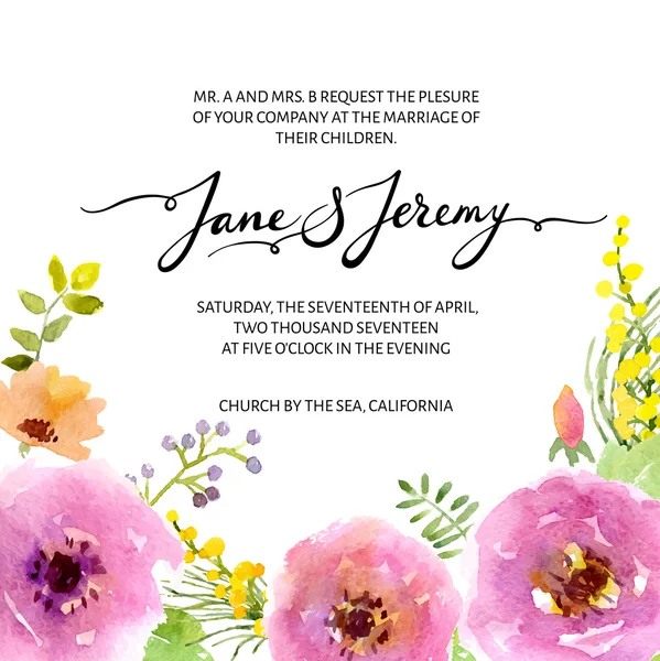 Suluboya çiçek düğün kartı