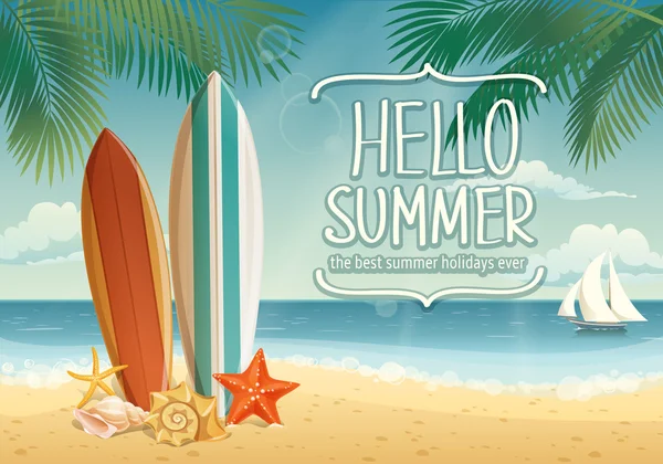 Fond d'été avec planches de surf — Image vectorielle