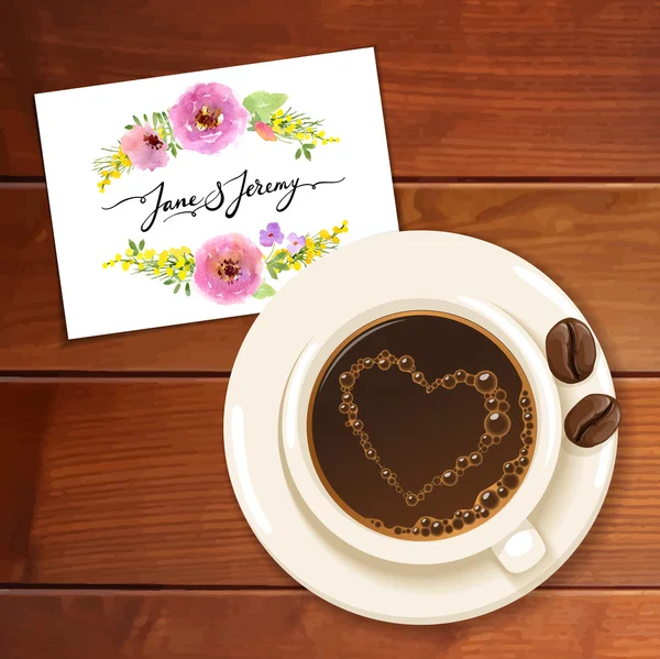 Tasse à café avec carte de mariage — Image vectorielle