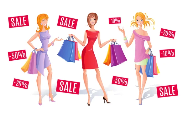 Chicas con bolsas de compras . — Vector de stock