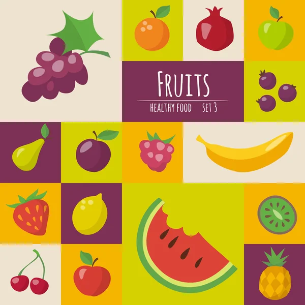 Ícones de frutas definido em estilo plano. Cartaz de comida. Infográfico de comida. Alimentos saudáveis — Vetor de Stock