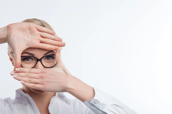 Cheerful young businesswoman is making fun — Stock Photo, Image