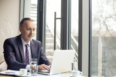 Olgun erkek işçi bir dizüstü bilgisayar kullanarak