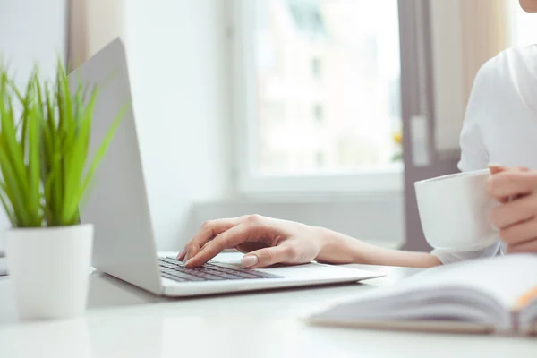 Geschickte Geschäftsfrau arbeitet mit einem Notizbuch — Stockfoto