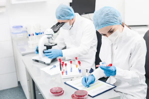 Cientistas experientes estão analisando tubos de vidro — Fotografia de Stock