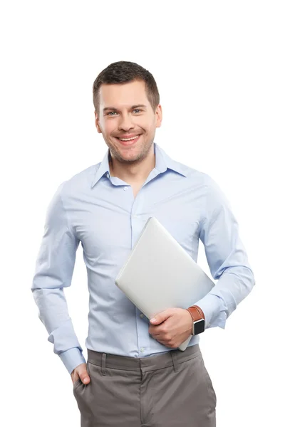 Cheerful male worker is holding a notebook — Stock Photo, Image