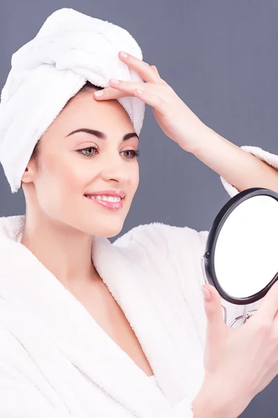 Pretty healthy girl is bathrobe and towel — Stock Photo, Image