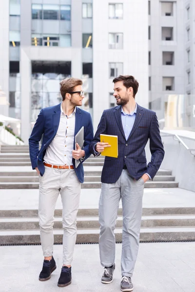 Vrolijke mannelijke collega's communiceren met vreugde — Stockfoto