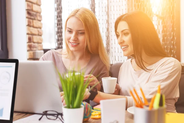 Веселі дві бізнес-леді використовують комп'ютер в кафе — стокове фото