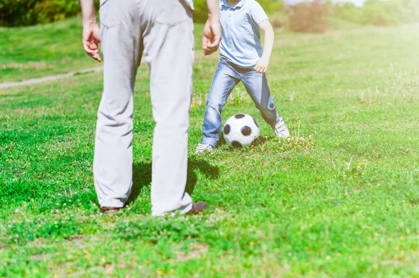 かわいい孫と祖父母が一緒にサッカーをプレー — ストック写真