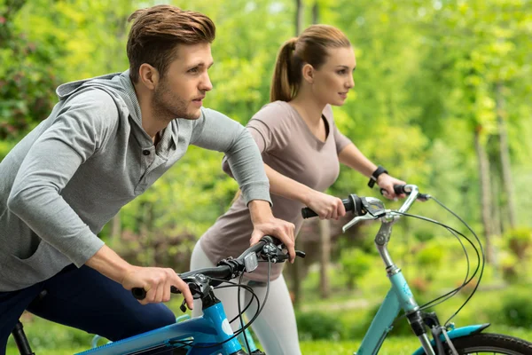 Симпатичные мужчина и женщина катаются на велосипедах в парке — стоковое фото