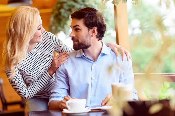 Pretty lovers having date in cafeteria — Stock Photo, Image