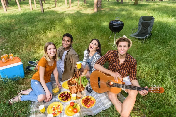 Radostné muži a ženy dělat piknik — Stock fotografie