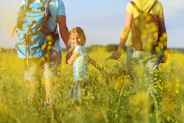 Jonge familie wandelen op de berg — Stockfoto