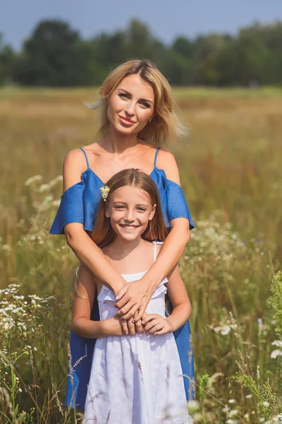 Nöjd förälder kramas kid på äng — Stockfoto