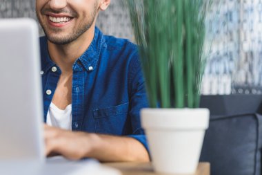 mutlu erkek serbest meslek sahibi evde dizüstü bilgisayarda metin yazma