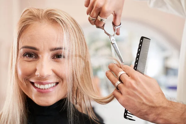 Friseur hält eine Strähne gekämmtes Haar — Stockfoto