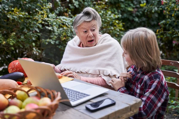 Überraschte Großmutter und ihr Enkel — Stockfoto