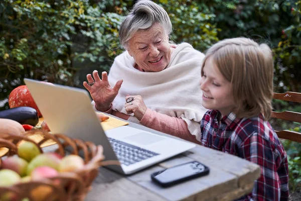 Nagymama megpróbálja elterelni a gyermek figyelmét a laptopról. — Stock Fotó
