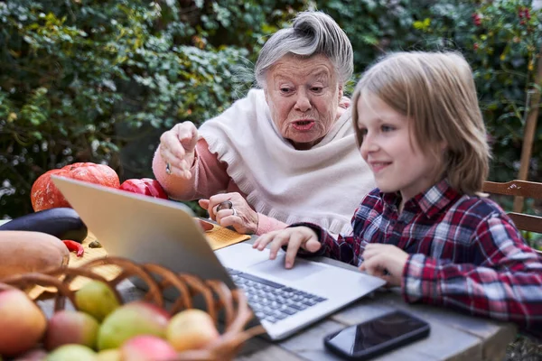 Mormor visar på laptopen — Stockfoto