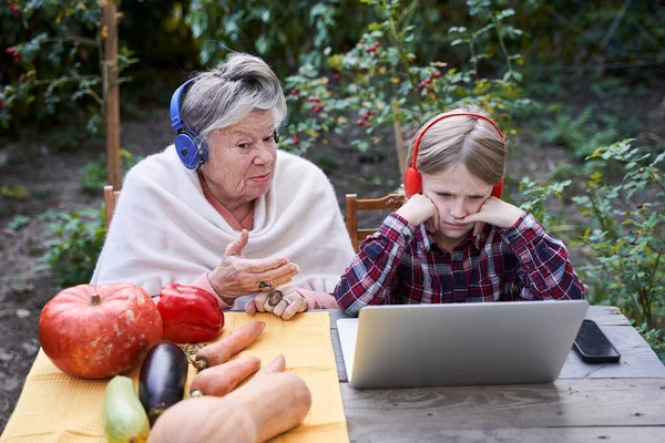 Frauen diskutieren mit ihrem Enkel über Musik — Stockfoto