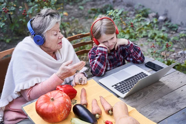 Familjen tittar på online lektion på laptop — Stockfoto