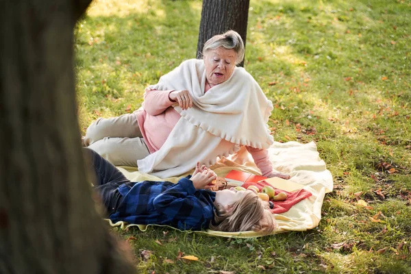 Granny speaking with grandchild at the picnic — Stock Photo, Image